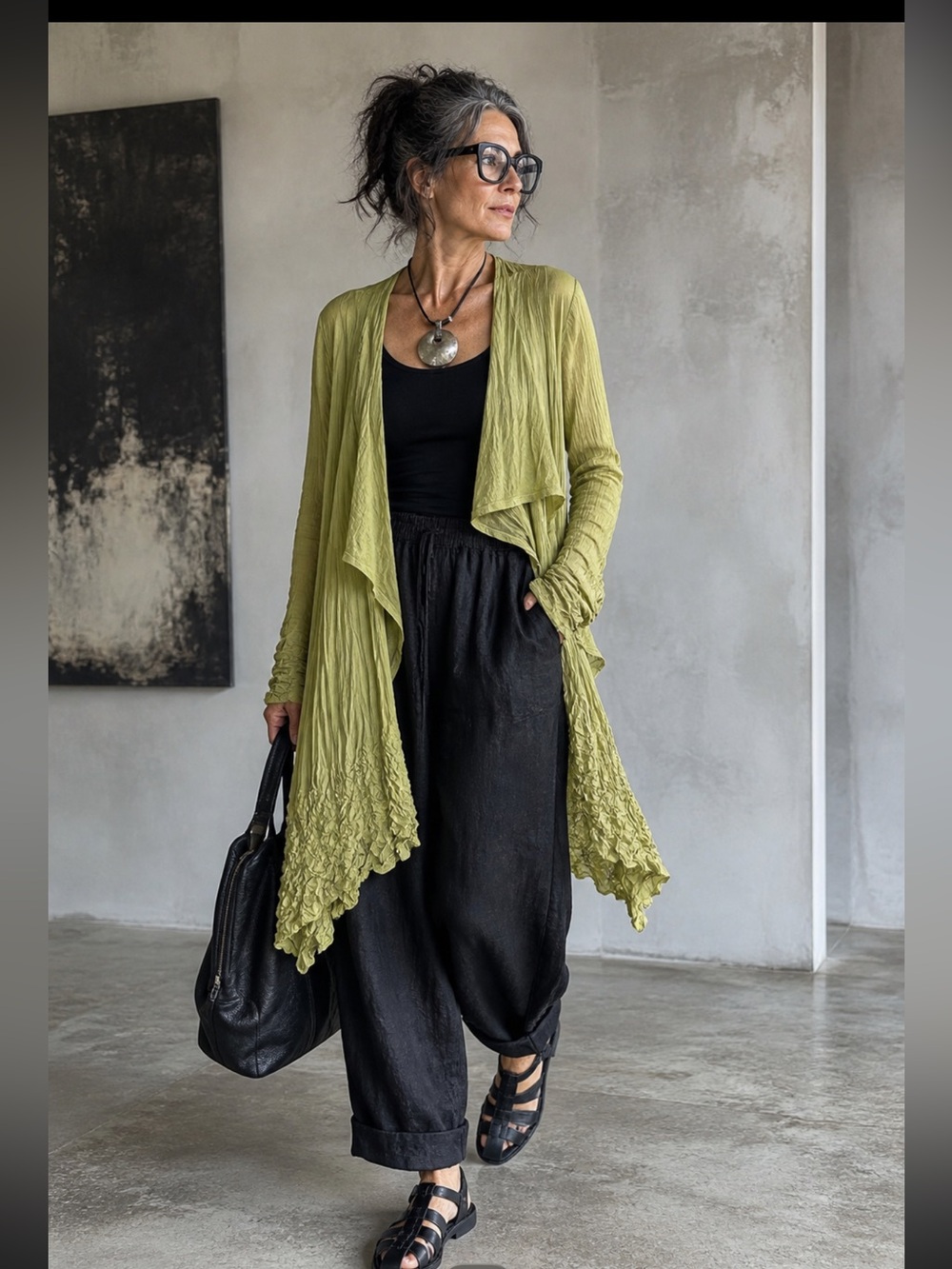 Lagenlook Artsy Crinkle Duster Cardigan Waterfall Ruffle Lime Green XL